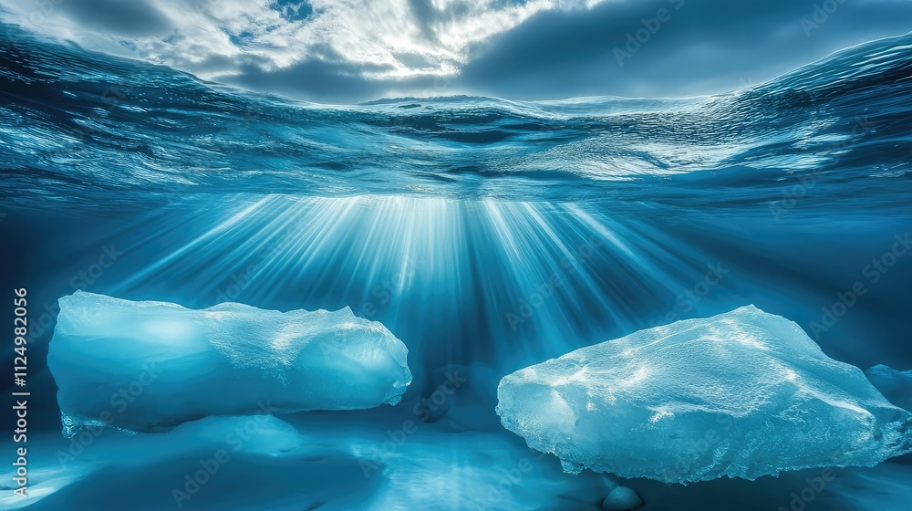 Poster a view of ice floating underwater, its smooth surface catching light rays filtering through the wate