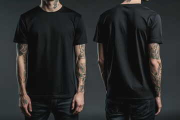 Black T-Shirt on Model with Tattoos in Studio Setting