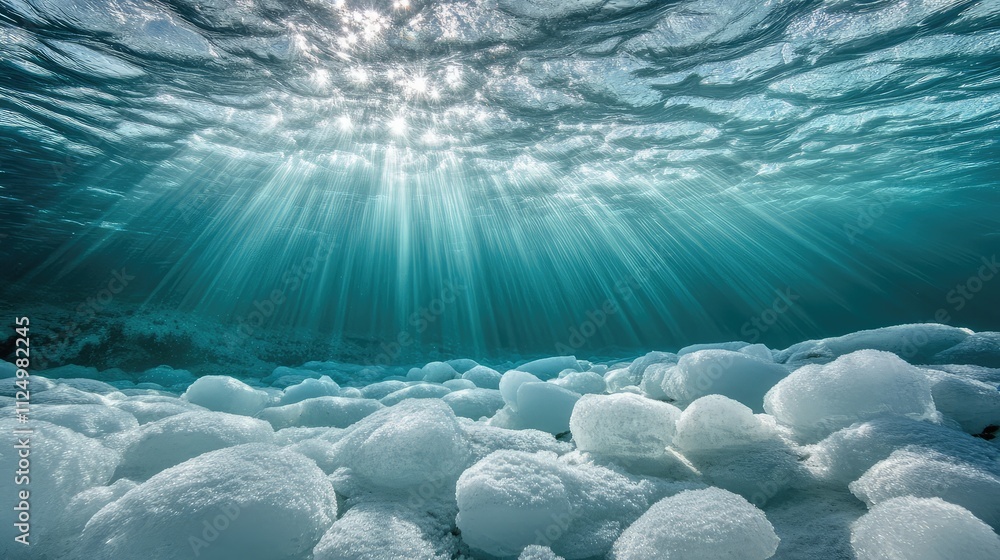 Poster a view of ice floating underwater, its smooth surface catching light rays filtering through the wate