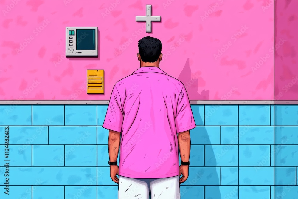 Poster a pixel art depiction of a doctor standing in a retro 8-bit clinic, with animated monitors and a glo