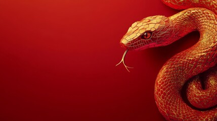 Fototapeta premium red background, golden paper cut snake illustration at the side, glittery effect to spice up