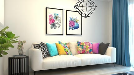 Modern living room with white sofa, colorful pillows, floral art, and geometric pendant light.