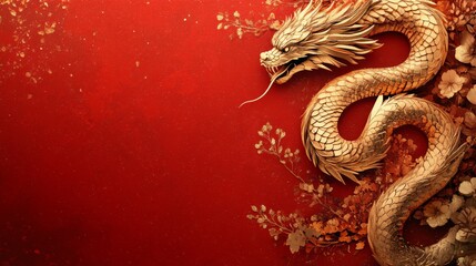 Fototapeta premium red background, golden paper cut snake illustration at the side, glittery effect to spice up