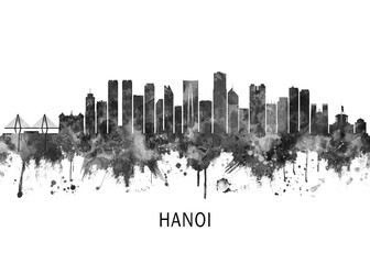 Obraz premium Hanoi Vietnam Skyline BW, print poster travel art illustration urban modern downtown landmarks skyscrapers artwork architecture digital design 