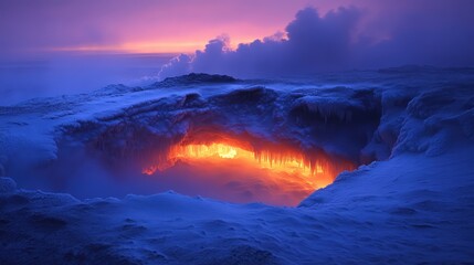 Fototapeta premium A volcanic fissure filled with ice formations, glowing softly in the low light, with steam rising in the background