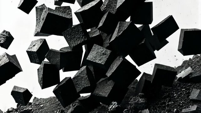 Dynamic arrangement of black cubes captured in mid-air above a textured surface, showcasing an artistic exploration of form and gravity