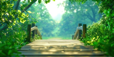Wooden bridge with a green forest in the background