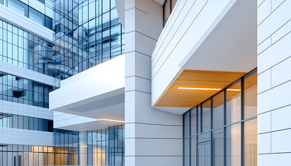 Obraz premium Modern architectural design in urban landscape contemporary office building glass facade urban environment high angle viewpoint