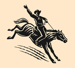 Cowboy riding wild horse in motion during rodeo event. Competition, extreme sport emblem symbol
