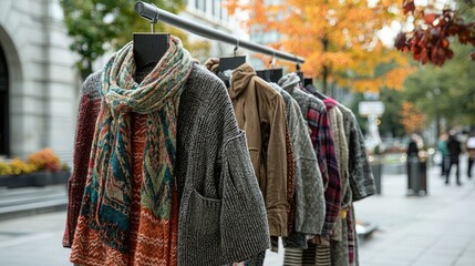 Fototapeta premium Outdoor display of fall fashion with cozy sweaters and jackets in a city square 