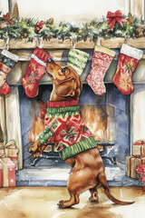 Fototapeta premium A joyful Dachshund in a cozy red-and-green Christmas sweater, wagging its tail near a fireplace adorned with stockings, painted in soft watercolor.