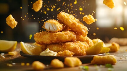 Golden Crispy Fish and Chips with Tartar Sauce and Lemon