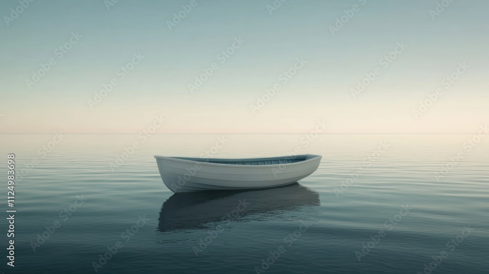 Fototapete a solitary boat rests calmly on still waters during dawn, inviting reflection and offering ample roo