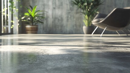 Polished concrete floor reflecting sunlight in modern apartment interior