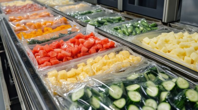Frozen food packaging line, vegetables flash-frozen then bagged, conveyor belts guiding sealed pouches into boxes
