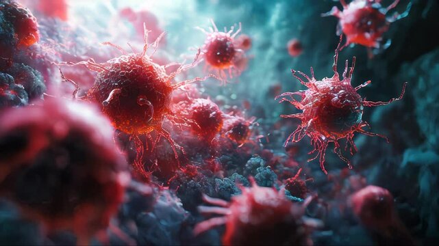 Close-up of red cancer cells in a microenvironment, glowing under soft lighting, with intricate textures