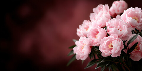 Fototapeta premium A soft focus background of pink and white peony flowers bouquet in full bloom, with a blur effect on dark background 