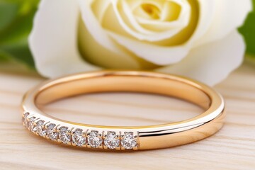 A serene image of a diamond eternity band resting on a white rose, symbolizing elegance and everlasting love