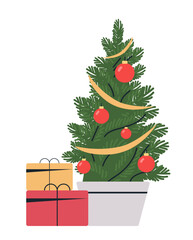 Christmas tree with ornaments and gifts festive holiday decoration green tree red baubles yellow ribbon colorful presents white background