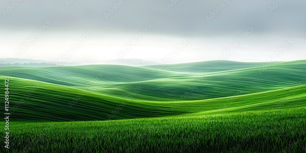 Poster Large green field with a few trees in the background