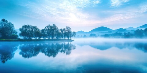 Fototapeta premium Lake with a blue sky and trees in the background