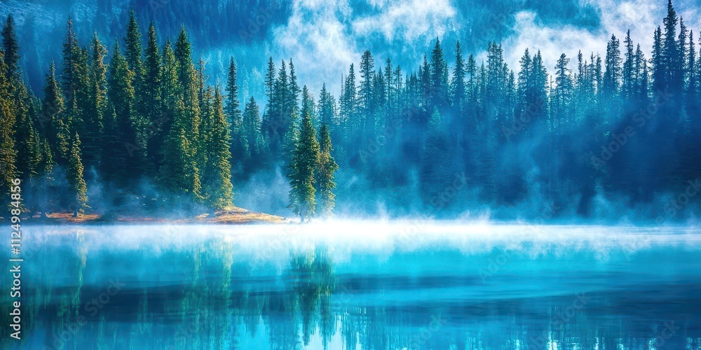 Poster forest with a lake in the background