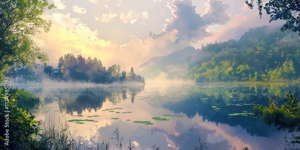 Poster lake with a cloudy sky in the background