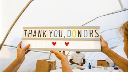 Volunteers holding thank you sign for donors at charity event in tent setting