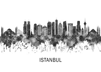 Obraz premium Istanbul Turkey Skyline BW, landscape watercolor abstract painting travel illustration urban art modern downtown landmarks skyscrapers artwork