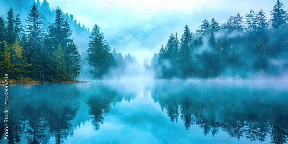 Poster lake with a foggy sky and trees in the background