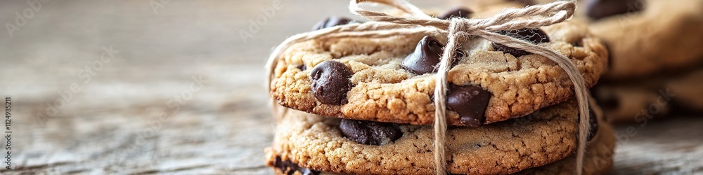 Poster close-up of stack of chocolate chip cookies tied with twine styled on rustic wooden surface
