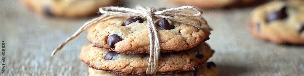 Poster close-up of stack of chocolate chip cookies tied with twine styled on rustic wooden surface