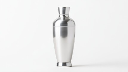 Obraz premium Martini Glass with Lemon Twist, Half Lemon, and Stainless Steel Cocktail Shaker on White Background