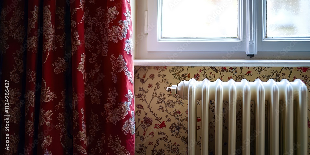Poster Radiator is next to a window with a red curtain