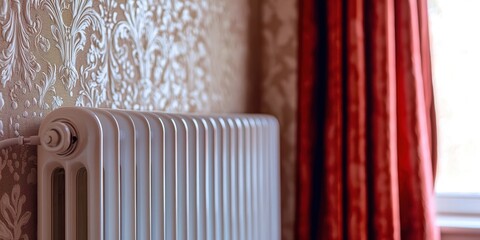 Radiator is sitting on a wall next to a red curtain