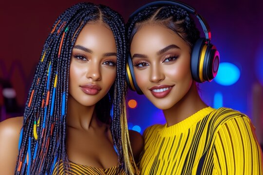A serene photo of a female DJ teaching a beginner in her studio, sharing tips with headphones resting on her neck