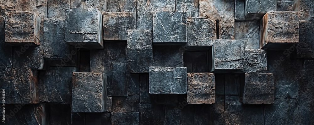 Poster Dark gray stone cubes creating textured wall background