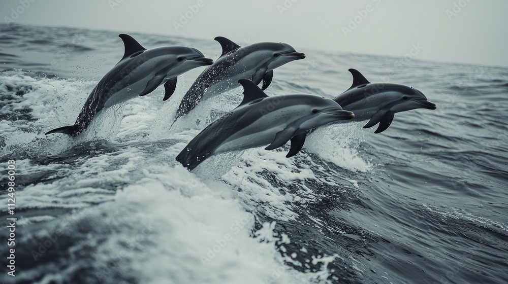 Poster three graceful dolphins soar above the tranquil ocean, creating ripples in the water as they leap in
