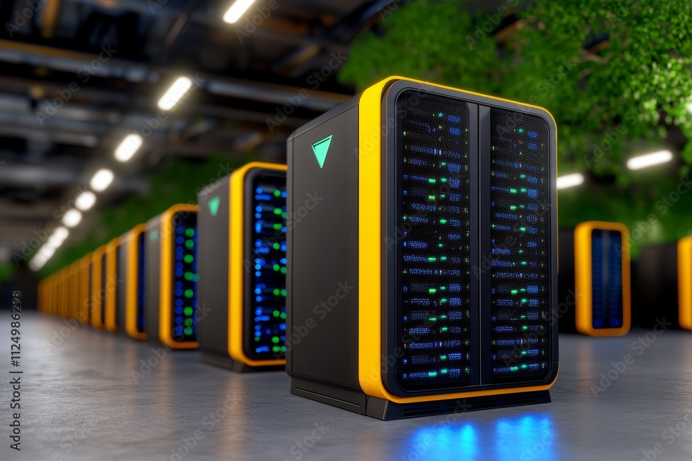 Poster A server room with glowing blue and green lights emanating from rows of sleek data storage racks
