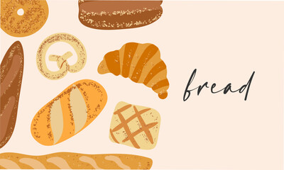 Banner with different  bakery products. Baguette, ciabatta, loaf, rye bread, buns, bagel