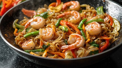 wok filled with stir-fried noodles vegetables and shrimp styled on black granite background