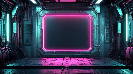 Obraz premium Futuristic spaceship corridor with neon pink square frame.
