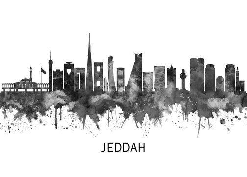 Jeddah Saudi Arabia Skyline BW, landscape watercolor abstract painting travel illustration urban art modern downtown landmarks skyscrapers artwork