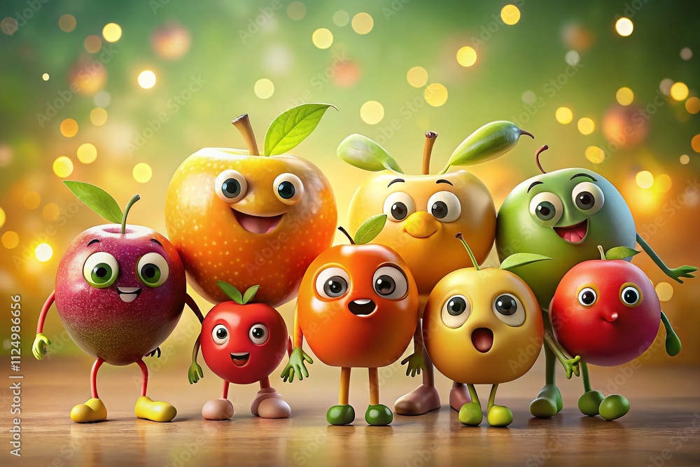 Poster cheerful fruit characters standing together in a whimsical scene with a beautiful bokeh background e