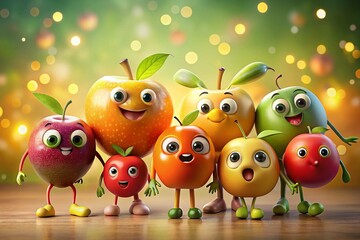 Cheerful Fruit Characters Standing Together in a Whimsical Scene with a Beautiful Bokeh Background Effect, Perfect for Illustrations and Designs Featuring Nature and Playfulness