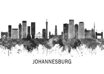 Obraz premium Johannesburg South Africa Skyline BW, landscape watercolor abstract painting travel illustration urban art modern downtown landmarks skyscrapers artwork