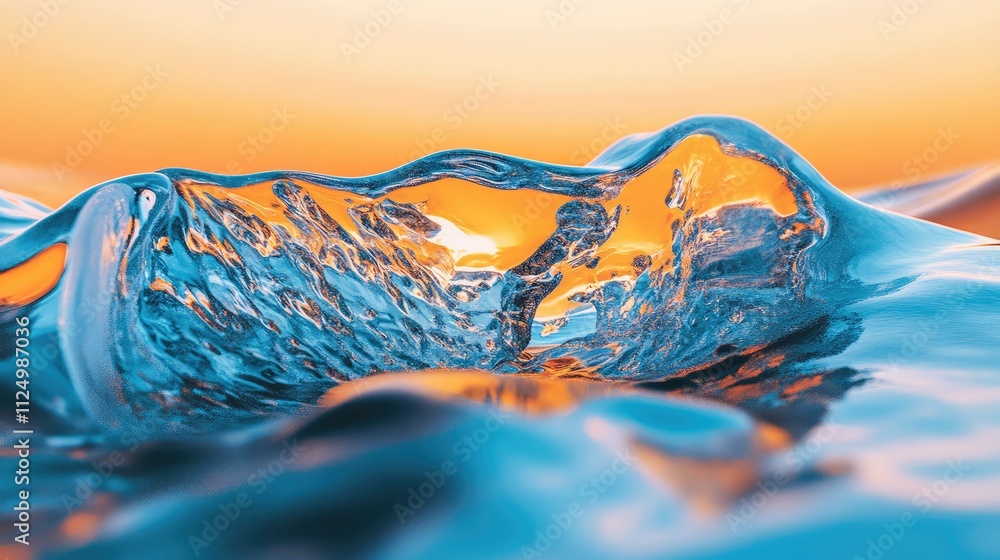 Poster abstract composition of smooth ice fragments melting on rippled dunes, with sharp contrasts of blue 