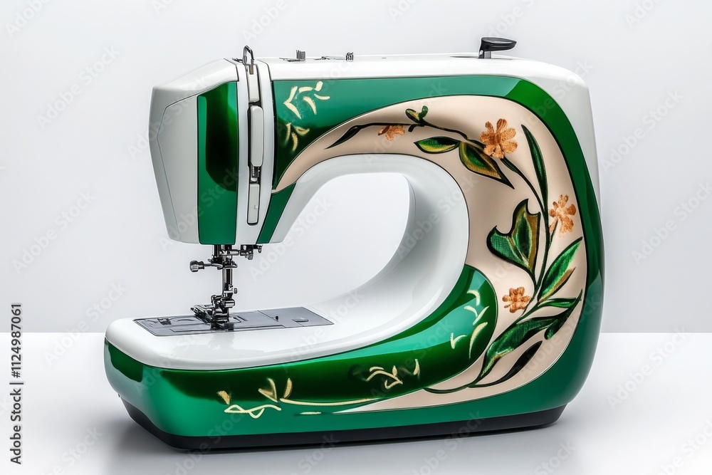 Poster a sleek modern sewing machine isolated on a clean white background, showcasing its compact design an