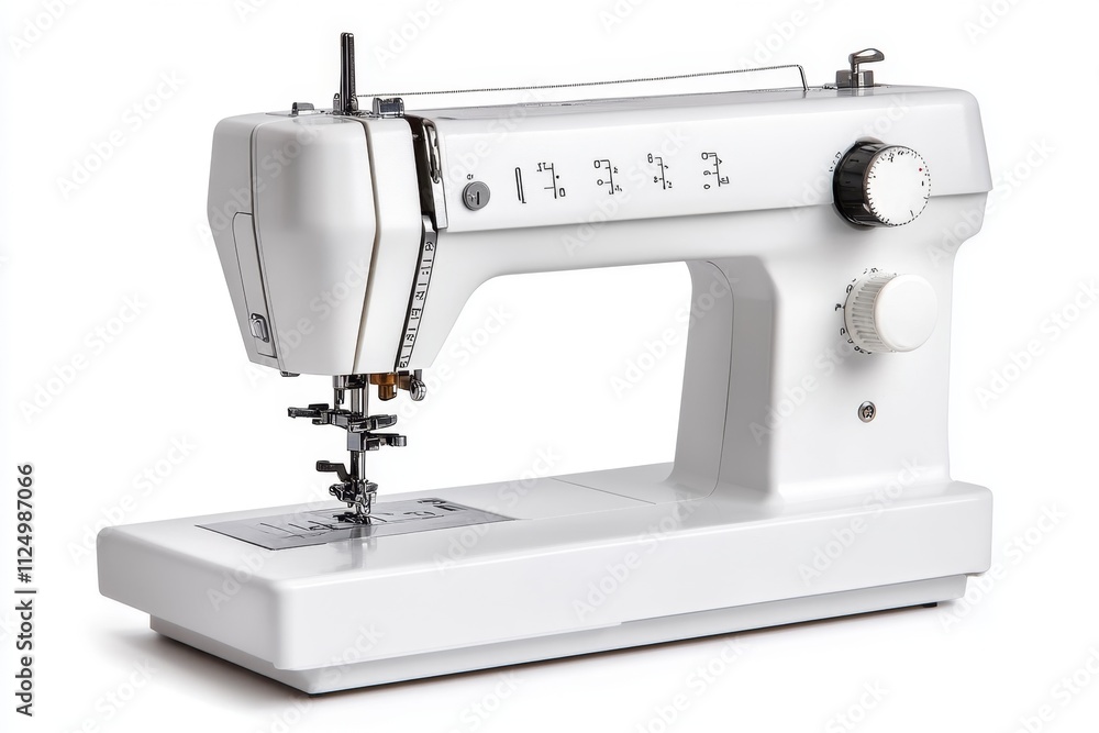 Poster a sleek modern sewing machine isolated on a clean white background, showcasing its compact design an