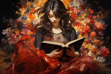 girl reading a book about fantasy worlds,